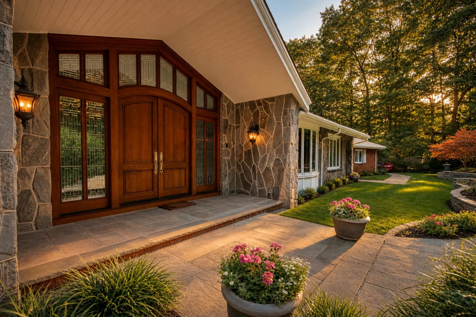 Wooden double doors and a stone entrance opening onto a landscaped garden