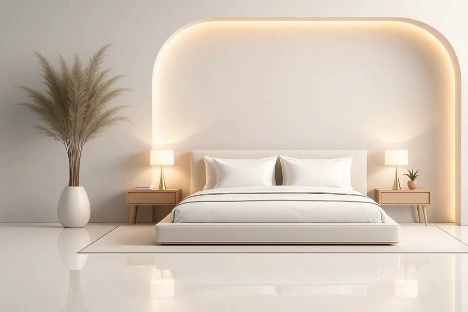 A softly lit bedroom with a curved feature wall; its lighting dims as you scroll.