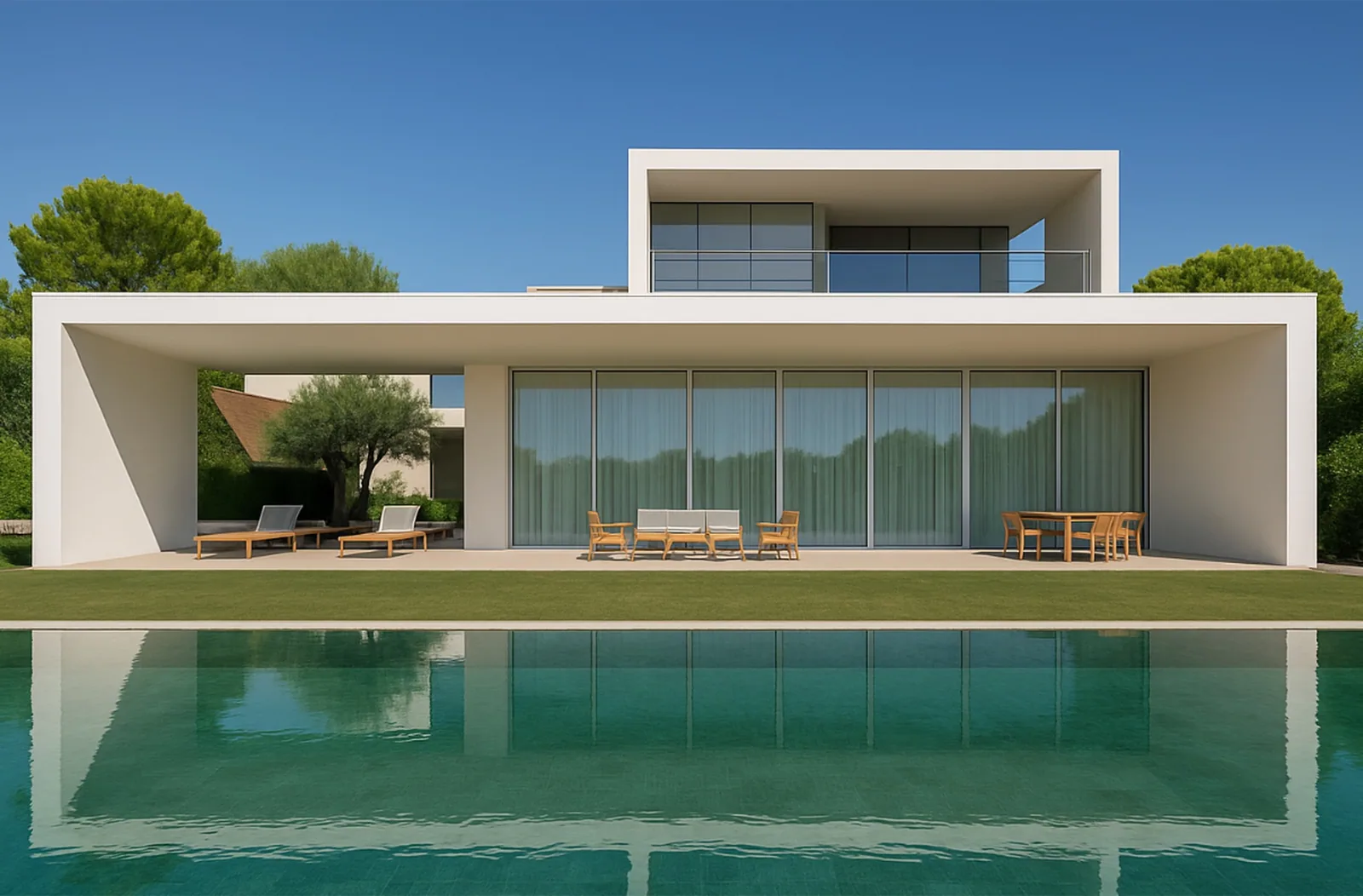 A modern white villa and its reflection in a still pool